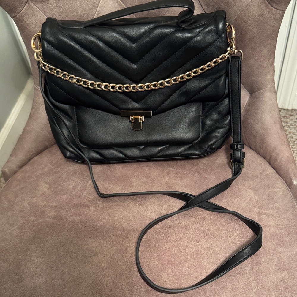 a new day Black Quilted Shoulder Bag with Gold Chain